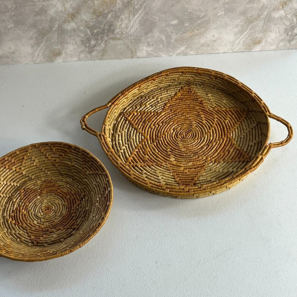 Set of 2 Round Coiled Woven Natural Baskets Double Handles Decor